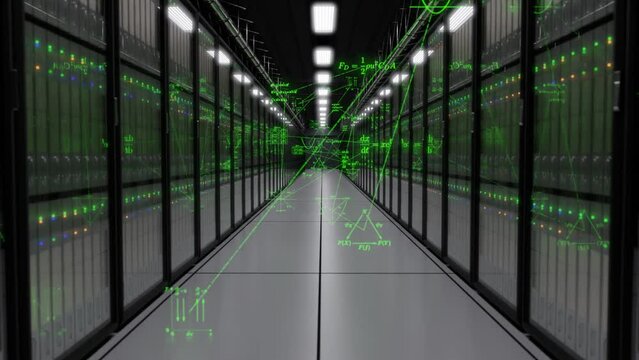 3d rendered animation.  Aisle in a data center showing racks of computers performing calculations. Green graphic overlays are shown.