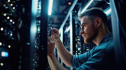 A man works on server in data center AIG41 - Powered by Adobe