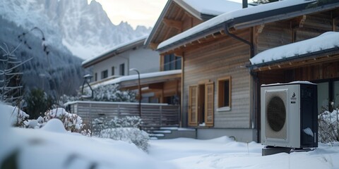 Air source heat pump installed outside, Sustainable and clean energy at home.