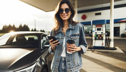 Portrait of a trendy young person in denim jacket at gas station with coffee