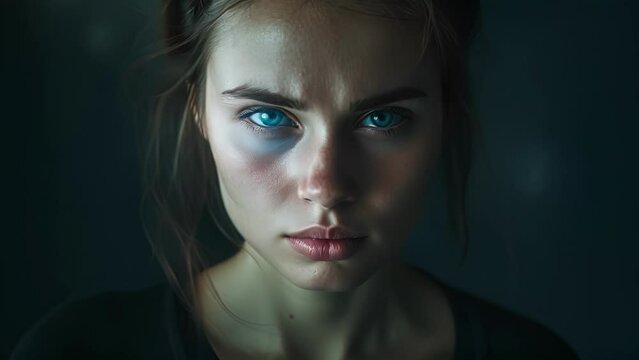 A young woman with a look of fierce determination on her face pushing through the difficult process of withdrawal from multiple substances to regain control of her life, female With Blue Eyes Staring