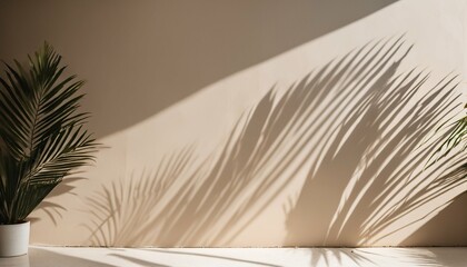 Shadow of palm leaves on a white concrete light beige wall