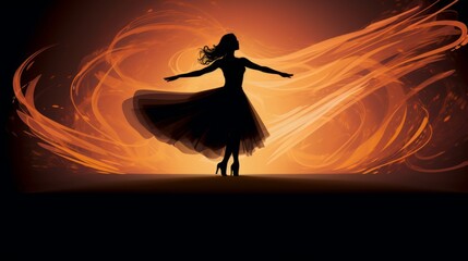 A woman's silhouette in a dress dances through darkness, her figure and movement captured in a mysterious, elegant dance with the shadows.