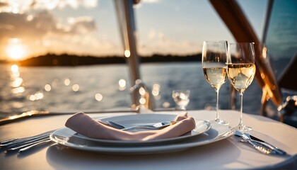 Sunset dining on a motor yacht, elegant table setup for a romantic meal - obrazy, fototapety, plakaty