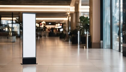 Blank roll-up poster stand mockup in shopping center environment, wide banner design with empty copy space