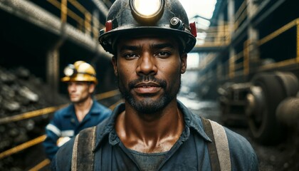 African-american worker in the coal mining industry, pausing outside following a long day of hard work - obrazy, fototapety, plakaty