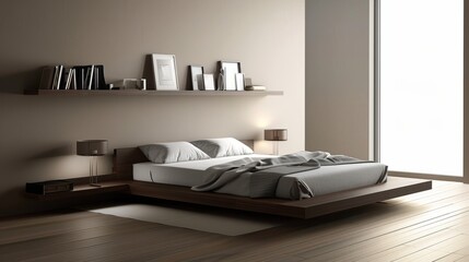 Minimalist Bedroom with Platform Bed and Wall-Mounted Bookshelf