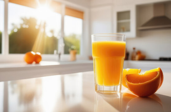 Glass of fresh orange juice on table in kitchen