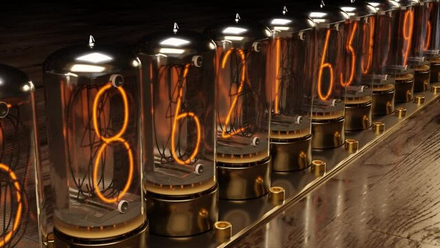 3d rendered animation of a collection of illuminated nixie tubes changing digits frequently.
