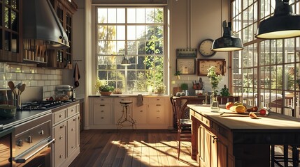 In a sunny home kitchen, there's a spacious island, sink, furniture, and large windows that flood the space with natural light