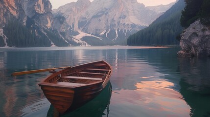 Behold the stunning sight of a traditional wooden rowing boat adrift on the picturesque waters of...