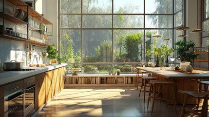 Fototapeta premium a sunny home kitchen, there's a spacious island, sink, furniture, and large windows that flood the space with natural light