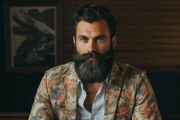 Portrait of a handsome man with long beard and mustache in a shirt