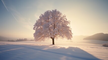 Fototapeta na wymiar Solitary tree blanketed in snow during a tranquil winter sunrise