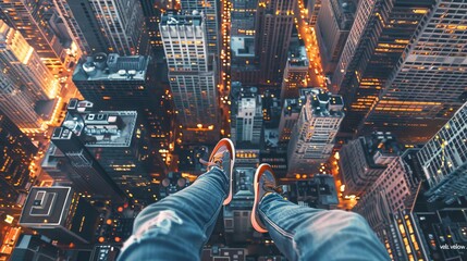 "Height Fears - Peering down from the dizzying heights of the skyscraper, feeling a mixture of exhilaration and trepidation, the experience atop the skyscraper challenges one's courage and offers