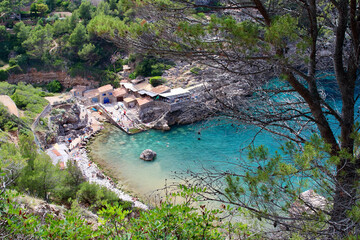 Beautiful aerial view of "Cala Deia", one of the most amazing spots in Mallorca island, Balearic Islands, Spain.