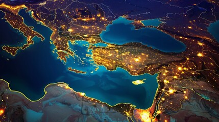 Fototapeta na wymiar A stunning satellite photo captures Turkey at night from space, showcasing the illuminated city lights spanning across Turkey, Europe, and the Middle East, with the Black Sea and Mediterranean Sea