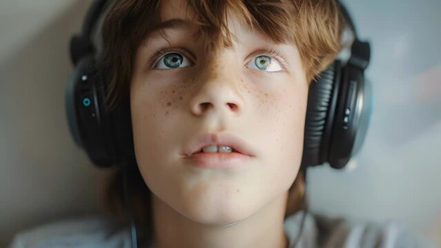 A teenager with headphones on trying to drown out the stress and chaos around them, Young Boy Wearing Headphones and Looking Up