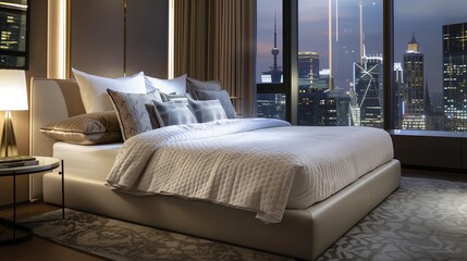 Modern bedroom with city skyline view at dusk