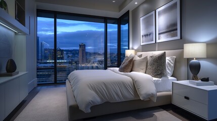 Modern bedroom with city skyline view at dusk