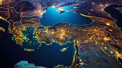 A stunning satellite photo captures Turkey at night from space, showcasing the illuminated city lights spanning across Turkey, Europe, and the Middle East, with the Black Sea and Mediterranean Sea