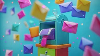 The concept of email, marketing emails, and a mailbox adorned with colored envelopes, all surrounded by icons.