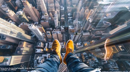 "Height Fears - Peering down from the dizzying heights of the skyscraper, feeling a mixture of exhilaration and trepidation, the experience atop the skyscraper challenges one's courage and offers 