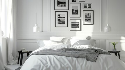 Minimalist Bedroom with Wall-Mounted Gallery of Black and White Photographs