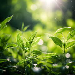 Dew-Kissed Green Foliage Basking in the Sunlight: A Close-Up View of Nature's Majestic Beauty