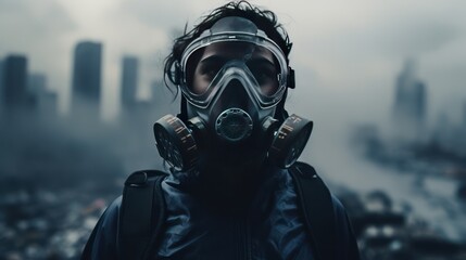 People is wearing a pandemic radiation gas mask respirator - obrazy, fototapety, plakaty