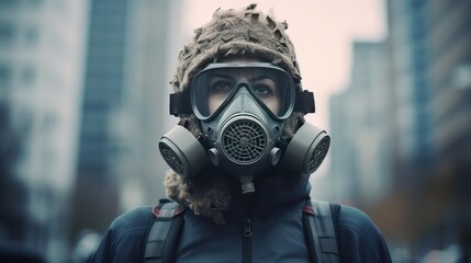 People is wearing a pandemic radiation gas mask respirator
