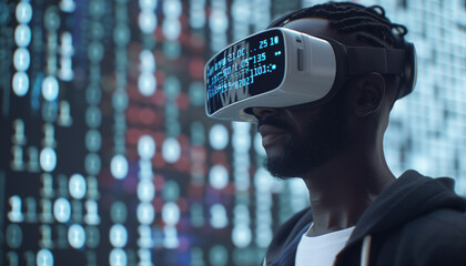 African american man using virtual reality headset with binary code background