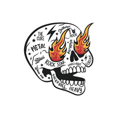 Vintage Styled Illustration Of The Skull With Rock Music Themed Tattoos