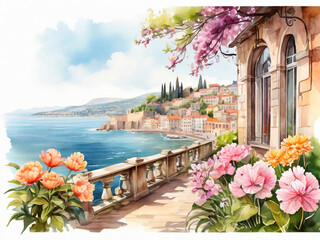 Watercolor illustration with spring flowers on the background of an ancient European city, sea and mountains.