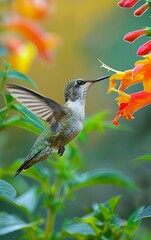 Fototapeta premium A hummingbird hovering mid-air by a bright flower