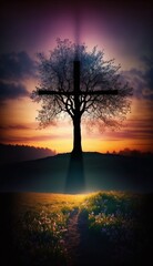 Silhouette of cross on beautiful spring sunset. Easter theme.