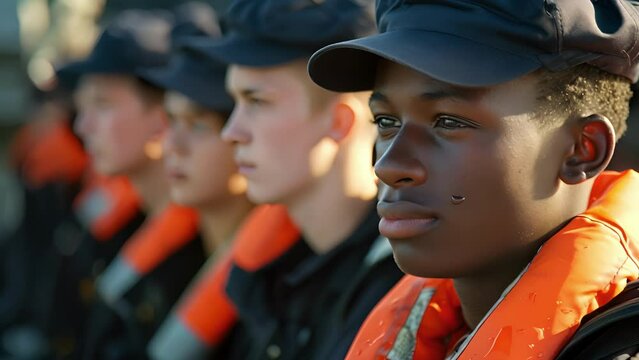 A group of young cadets participate in a rigorous training exercise learning the importance of pride and professionalism in their future careers as maritime officers.