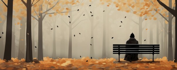 The painting shows an unidentified person on a park bench, their presence a narrative of solitude amidst the vibrant life of a park, capturing the interplay between human and nature. - obrazy, fototapety, plakaty