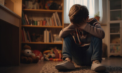 Fototapeta na wymiar A young child with head in hands sitting in the corner of his room in a depression stress or frustration, bullying at school problem