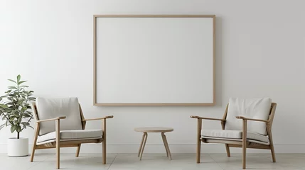 Foto op Aluminium living room featuring an empty frame mockup, accentuating the allure of a white wall adorned with two stylish wooden chairs, embodying simplicity and modern elegance in home decor. © Dave
