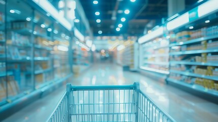 Abstract blurred photo of supermarket with empty shopping cart shopping concept. - obrazy, fototapety, plakaty