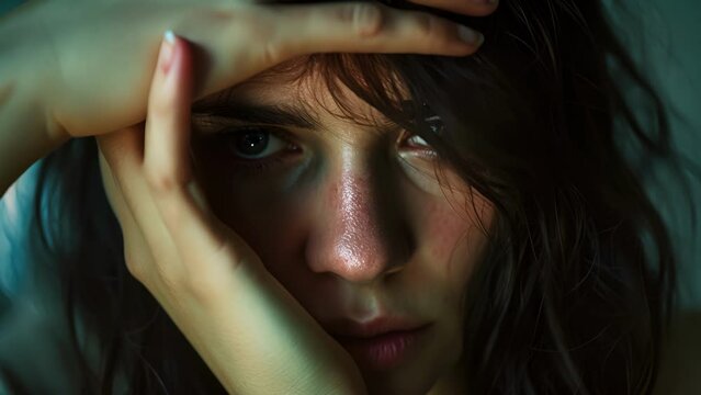 A woman with a forced smile and a hand in front of her face hiding her lack of confidence, Close-Up of Person Holding Hands Near Their Face