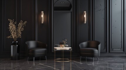 A classic black modern interior, an empty room adorned with stylish lounge armchairs, a sleek table, and strategically placed mirrors, forming a sophisticated and contemporary aesthetic.