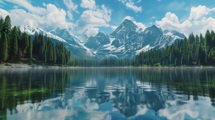 A crystal-clear mountain lake reflecting the snow-capped peaks above, surrounded by a dense pine forest.