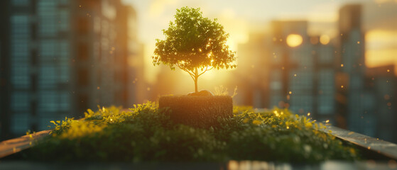 Close up view of a miniature tree with solar energy in the middle of city on top of a building. Bonsai tree surrounded by sunlight and energy particle in the middle of buildings. - obrazy, fototapety, plakaty