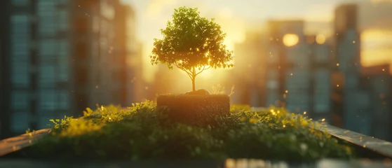 Schilderijen op glas Close up view of a miniature tree with solar energy in the middle of city on top of a building. Bonsai tree surrounded by sunlight and energy particle in the middle of buildings. © rekux