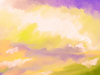 Fototapeta na wymiar Abstract or Impressionistic Cloudscape in Purple, Lime Yellow & Orange Illustration, Digital Painting, Design, Art, Artwork