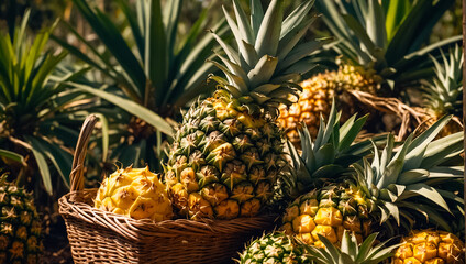 Harvest of fresh pineapples growing in the garden product