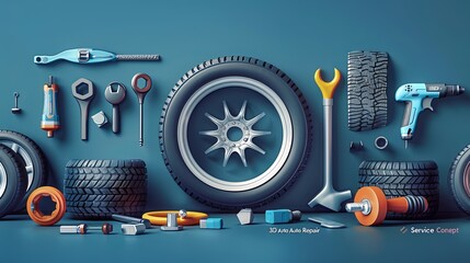 "3D Auto Repair Service Concept" presents a realistic 3D design showcasing car tires, rims, pneumatic screwdrivers, and bolts. This vector illustration adopts a cartoon minimal style.