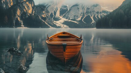 Behold the stunning sight of a traditional wooden rowing boat adrift on the picturesque waters of Lago di Braies, nestled in the breathtaking Dolomites, illuminated by the soft morning glow of sunrise